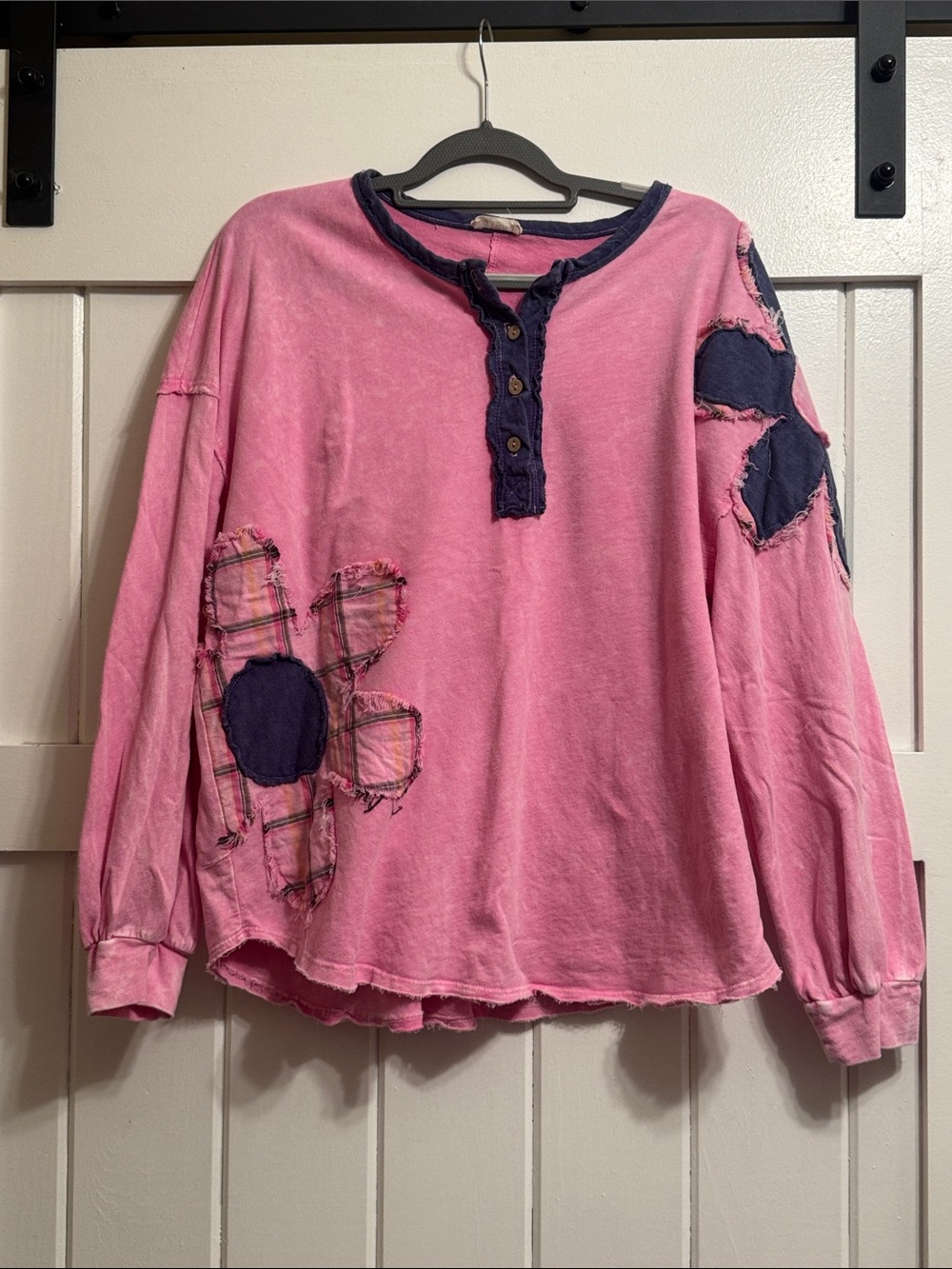 Pink Long-Sleeve Patchwork Henley Top with Navy Accents
